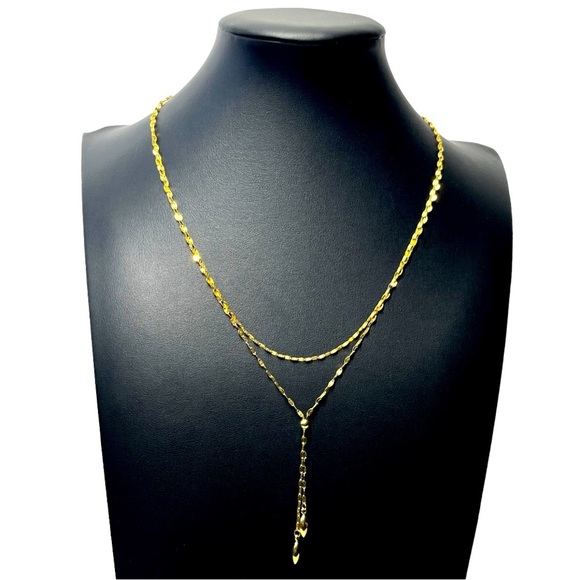 14K Yellow GOLD Y Double Strand Lariat Necklace NWT 18" - Picture 1 of 13